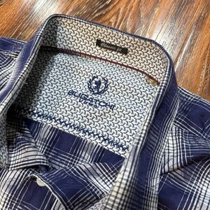 Bugatchi Men's XL Blue Button Up Casual Shirt Top Long Sleeve Plaid‎ Flip Cuff